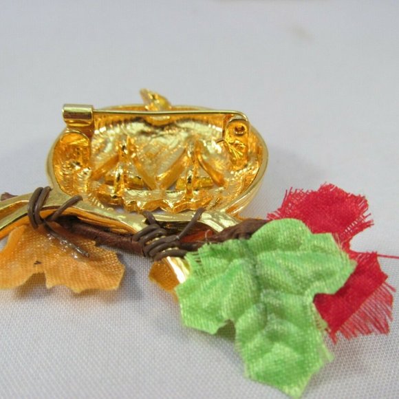 Pumpkin Brooch with Rhinestone Eyes Autumn Leaves - Picture 8 of 11